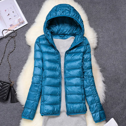 Women's ultra-lightweight hooded puffer jacket in multiple colors and extended sizes