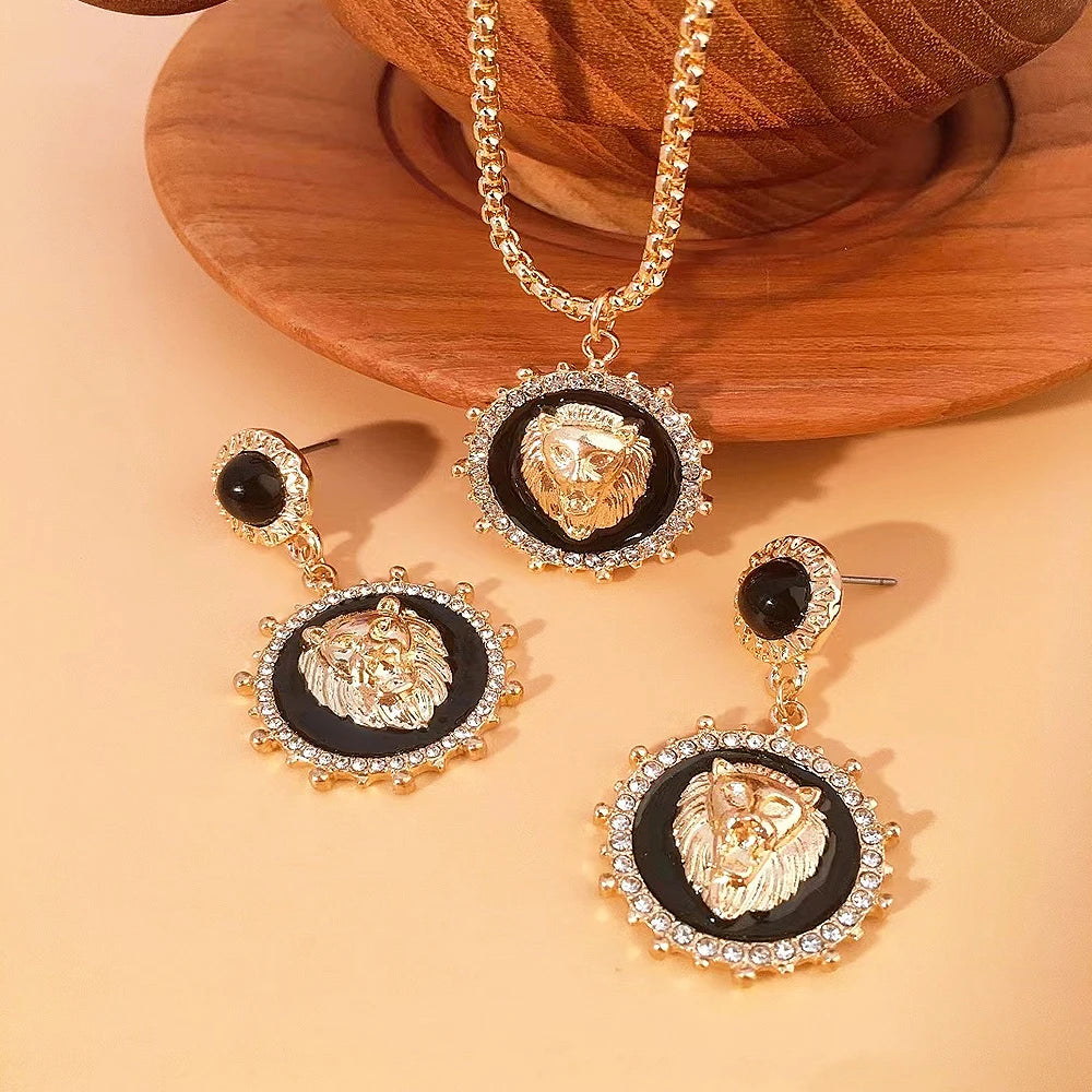 Classic Retro Lion Head Necklace and Earrings Set