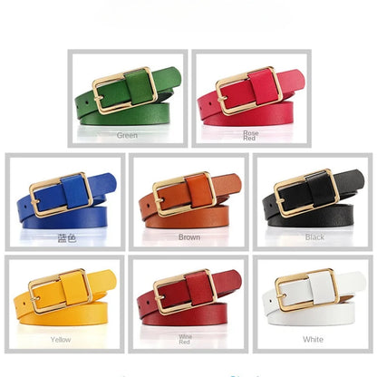 Collection of colorful belts with gold buckles on a white background. Women’s wide leather belt with cinched design and metal buckle. Enhances waistline for shirts, dresses, suits. Trendy, durable, UK fashion accessory.