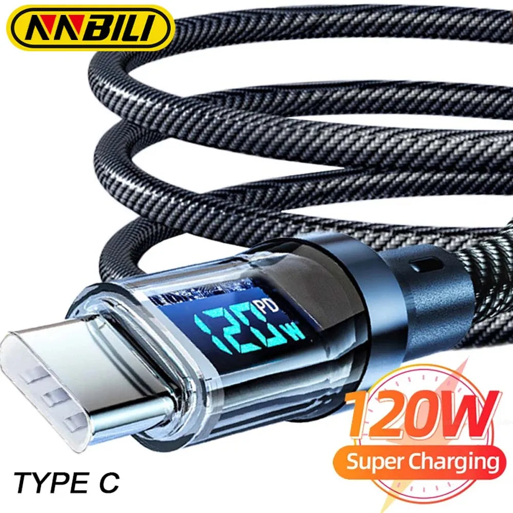 Braided 120W USB-C to USB-C fast charging cable with live LED digital power display