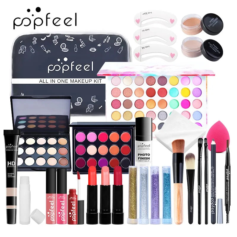Pipfeel makeup kit with various cosmetic items on a white background. POPFEL all-in-one makeup kit with eyeshadow, eyeliner, eyebrow pencil, lip gloss. Full set for women’s flawless face makeup.