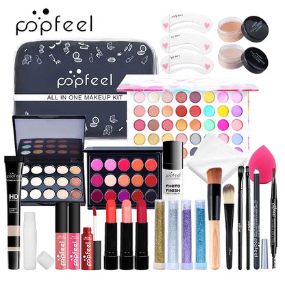 Pipfeel makeup kit with various cosmetic items on a white background. POPFEL all-in-one makeup kit with eyeshadow, eyeliner, eyebrow pencil, lip gloss. Full set for women’s flawless face makeup.