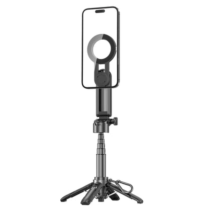 Phone holder with ring light on a white background. Compact magnetic phone tripod with wireless remote grip for MagSafe iPhone and Android. Lightweight, extendable selfie stick tripod for perfect shots.