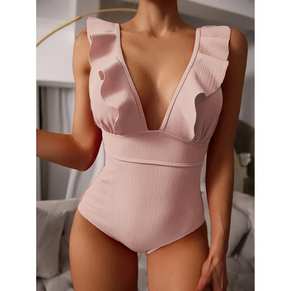 Pink Ruffle monokini one-piece polyester-spandex solid FTF Market UK