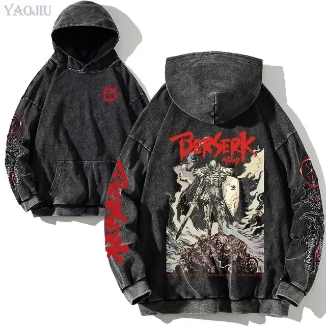 Anime hoodie plus size, gothic Harajuku, manga sweatshirt, washed denim, hip hop vintage, black pullover, Y2K streetwear.