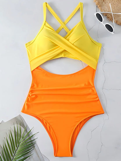 Yellow orange ruched one-piece swimsuit — adjustable strap women swimwear FTF Market