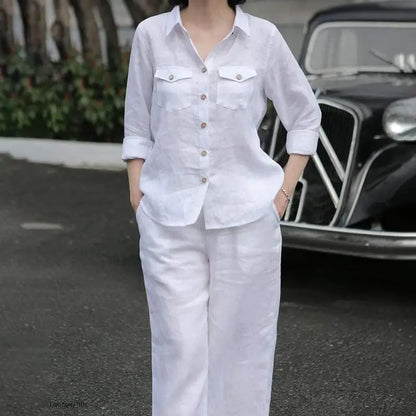 Women's casual lapel shirt and wide-leg trousers set for work