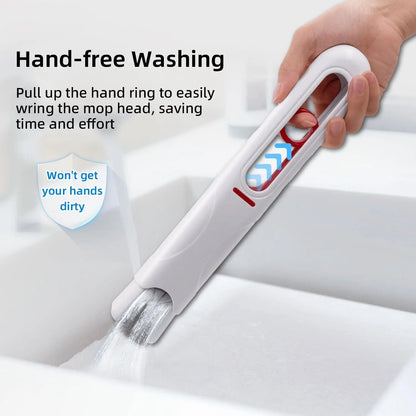 Hand-free cleaning tool with text on hand-free washing and benefits. Portable mini mop with microfiber sponge head and self-squeeze pole. Perfect for multiple surfaces, compact design, easy to use. Fast UK shipping.