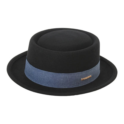 Black fedora hat with a blue band on a white background. Fedora hat polyester unisex carnival mask, gentleman style, costume accessory, roll trim hat for party and carnival events.