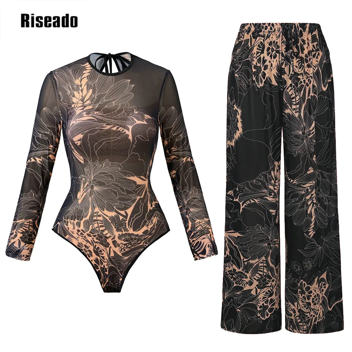 Dark forest print mesh swimdress — high waist long sleeve one-piece swimsuit women

