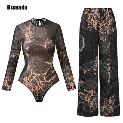 Dark forest print mesh swimdress — high waist long sleeve one-piece swimsuit women
