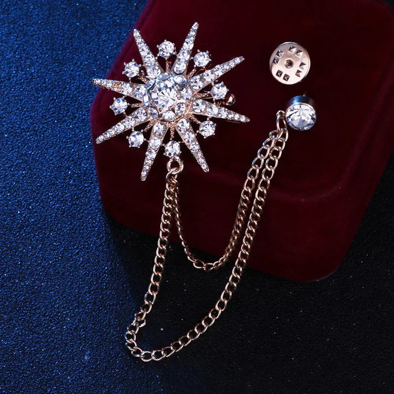 Elegant rhinestone lapel pins for men and women. Tassel, crown, floral pins for suits, collars, weddings, parties. Zinc alloy metal, classic style.