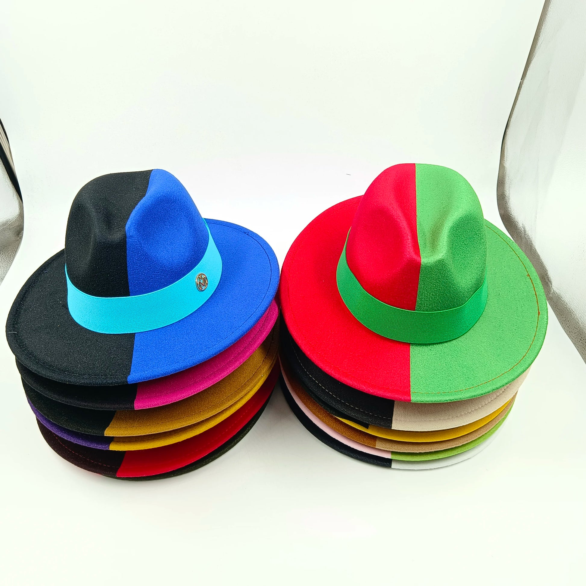 Colorful hat coasters on a white surface. Unisex double fedora hat, dual color gradient tie-dye, casual jazz style, cotton-polyester mix, suitable for outdoor autumn and spring.