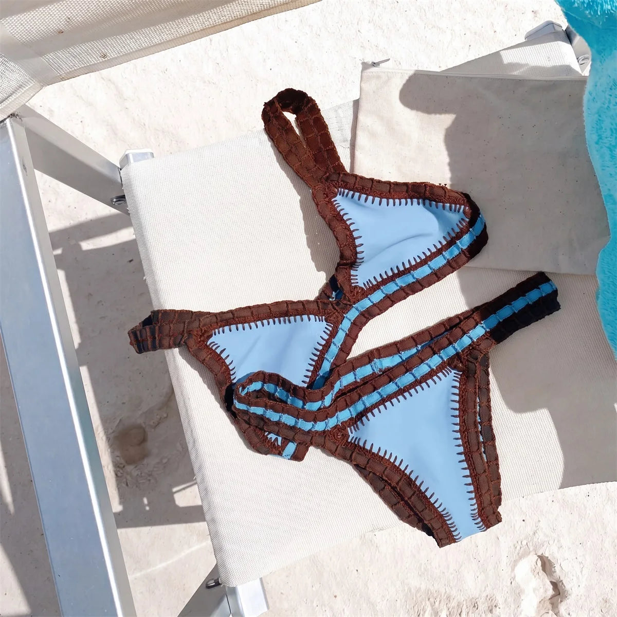 Blue grey triangle bikini set with accessories flat lay — FTF Market