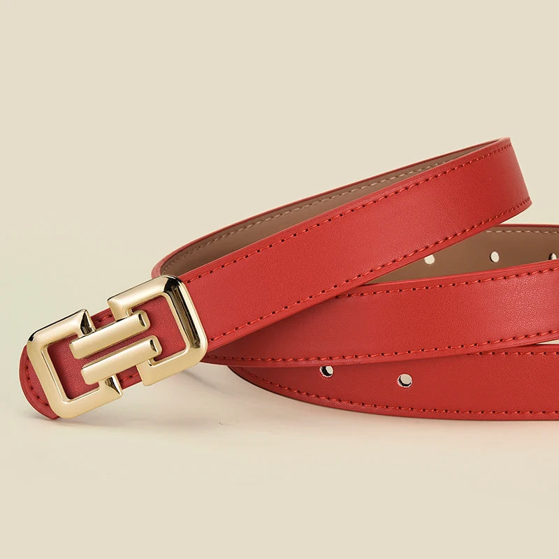 Slim PU leather belt women UK — red smooth buckle — FTF Market