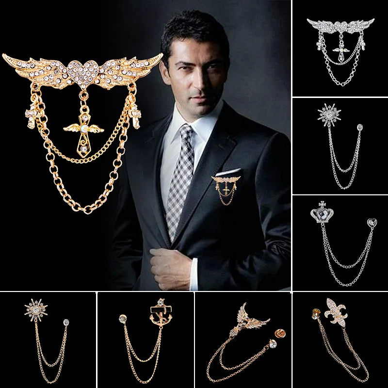 Man wearing a decorative brooch with various other brooches displayed around him on a dark background. Elegant rhinestone lapel pins for men and women. Tassel, crown, floral pins for suits, collars, weddings, parties. Zinc alloy metal, classic style.
