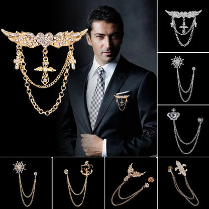 Man wearing a decorative brooch with various other brooches displayed around him on a dark background. Elegant rhinestone lapel pins for men and women. Tassel, crown, floral pins for suits, collars, weddings, parties. Zinc alloy metal, classic style.