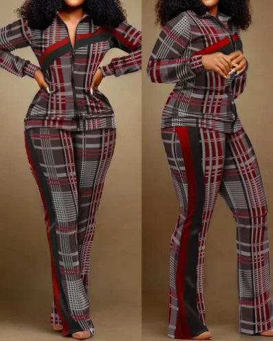 Geometric Print Two Piece Set – Stand collar, long sleeve zip-up top, casual sporty pants. Perfect for casual outings or sporty activities. Available on FTFmarket.net, fast delivery in the UK. Stay stylish with FTF Fashion and Mode FTF.