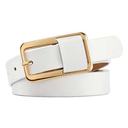White belt with a gold buckle on a white background. Women’s wide leather belt with cinched design and metal buckle. Enhances waistline for shirts, dresses, suits. Trendy, durable, UK fashion accessory.