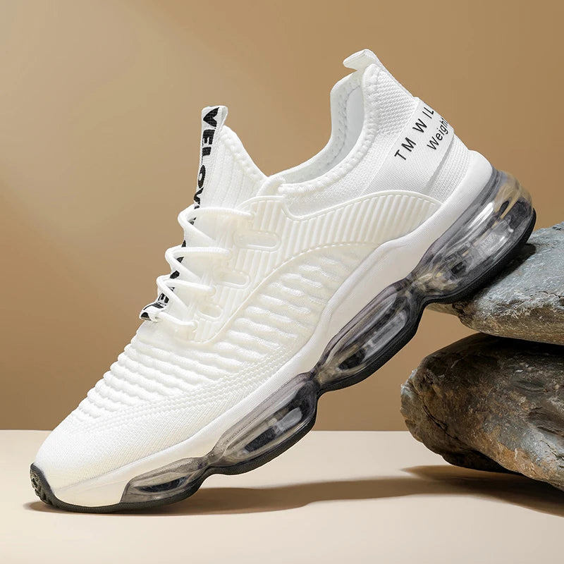 White sneaker with transparent air bubble sole on a beige background