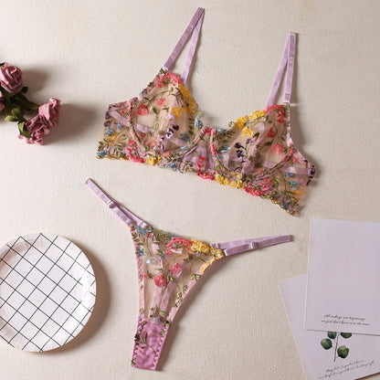 Floral Embroidery Lingerie Set – Push Up Bra & Brief