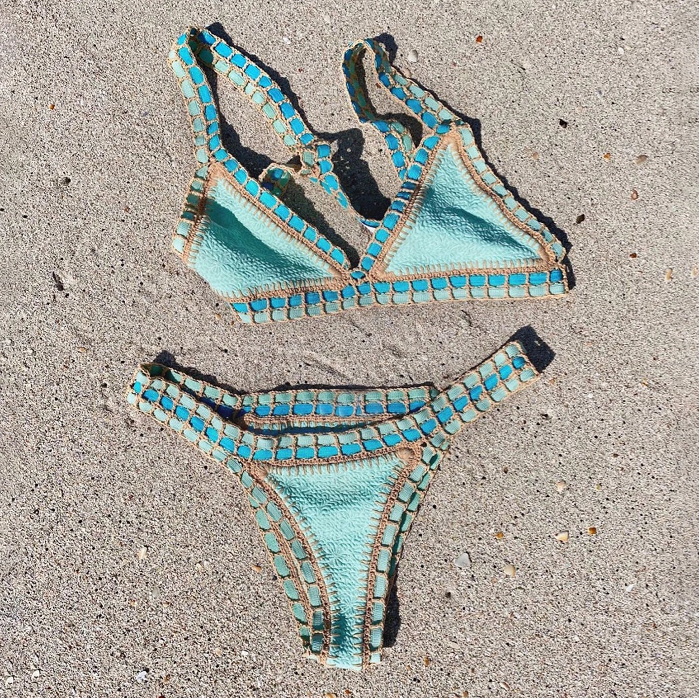 Mint green triangle bikini set laid flat — Push Up Swimwear Women