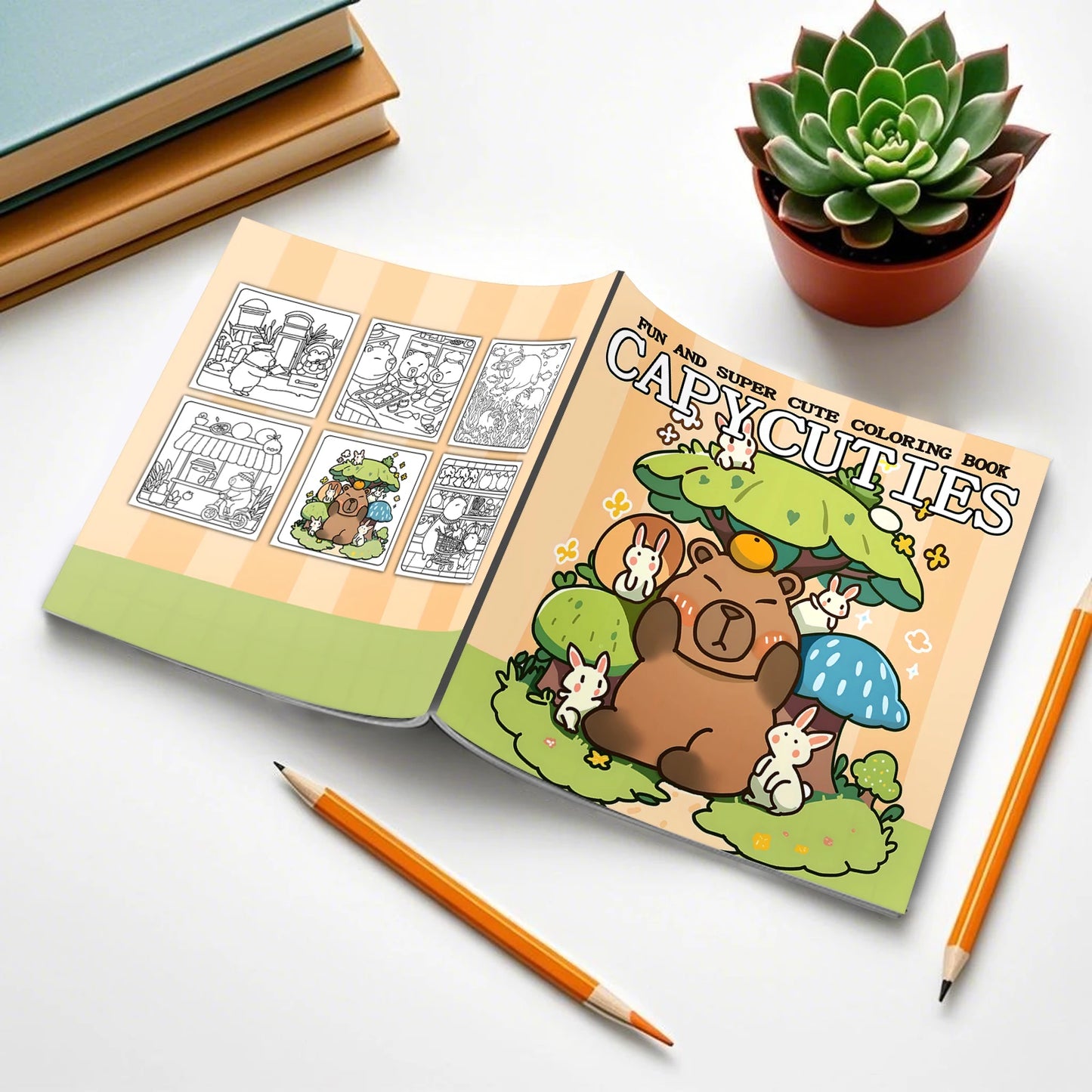 Coloring book titled 'Capucuties' with a bear and rabbit illustration, surrounded by pencils and a small plant on a white surface. The Capycuties coloring book is perfect for beginners and pros alike. With simple, adorable patterns, it's a great way to relieve stress and have fun.
