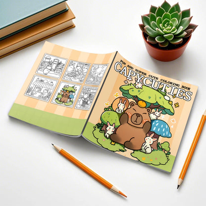 Coloring book titled 'Capucuties' with a bear and rabbit illustration, surrounded by pencils and a small plant on a white surface. The Capycuties coloring book is perfect for beginners and pros alike. With simple, adorable patterns, it's a great way to relieve stress and have fun.