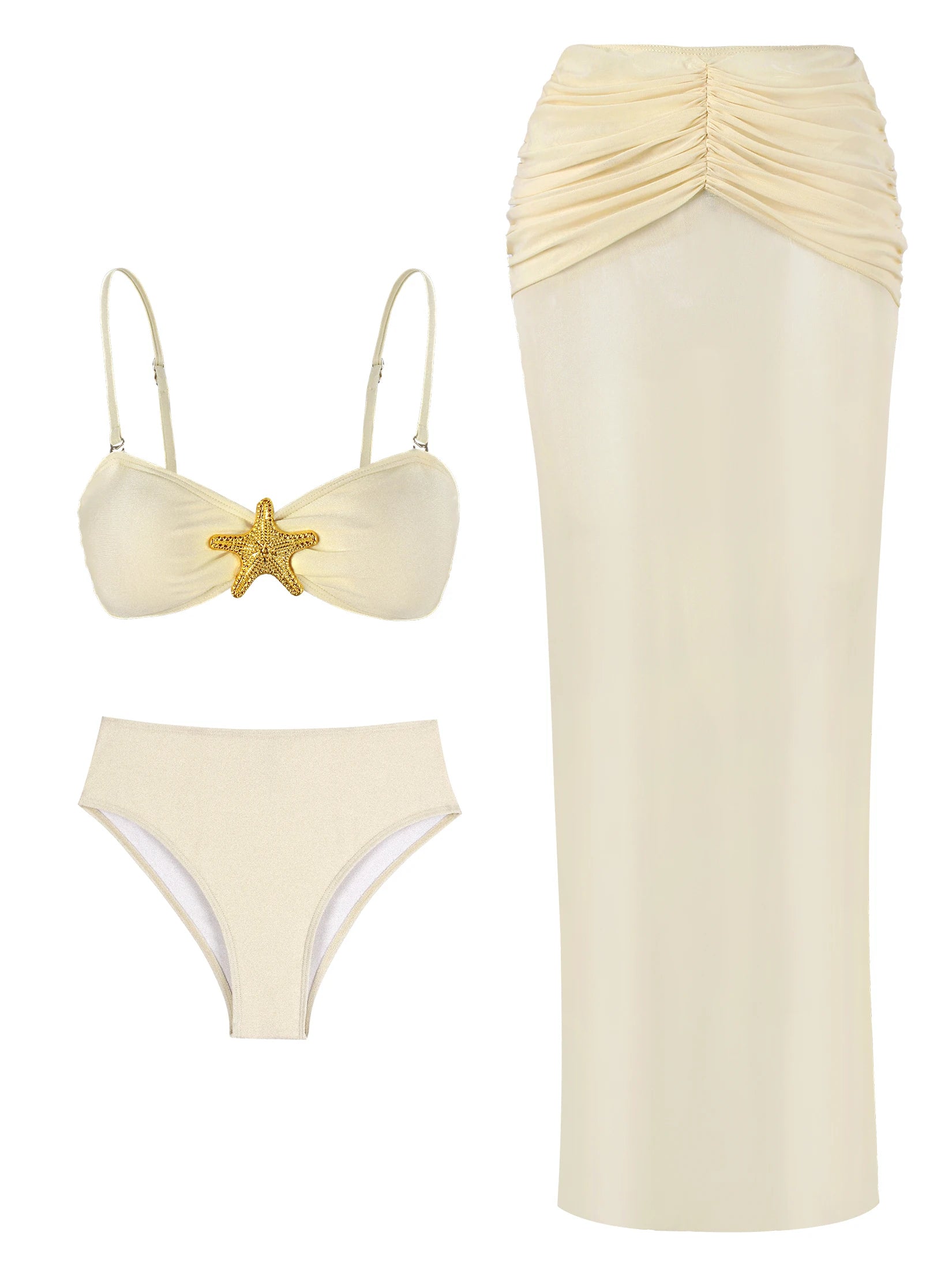 Beige and yellow 3-piece bikini set flat lay — bandeau top high waist bottoms skirt