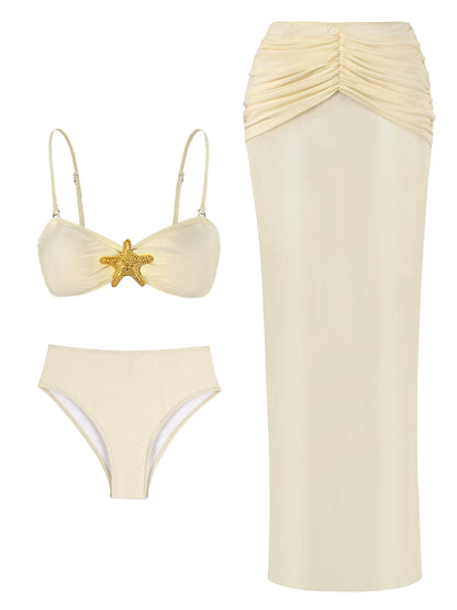 Beige and yellow 3-piece bikini set flat lay — bandeau top high waist bottoms skirt