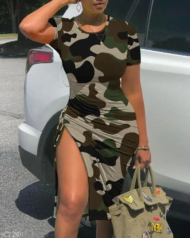 Women's Camouflage Print High Slit Ruched Midi Dress