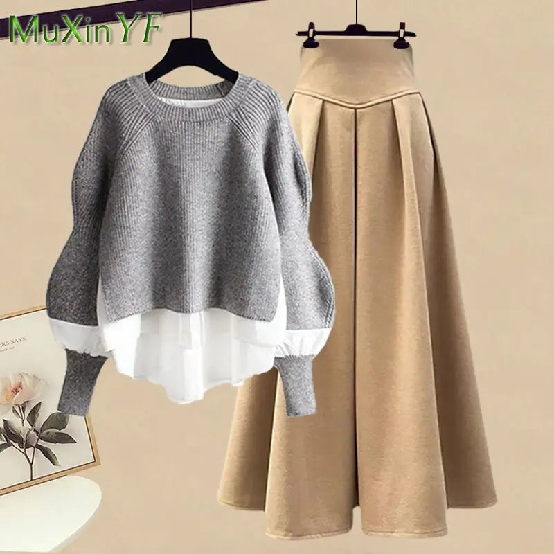 Elegant Splice Knitted Sweater Dress Set – Chic two-piece design, knitted sweater, matching skirt, stylish splice pattern. Perfect for casual and formal wear. Available on FTFmarket.net, fast delivery in the UK. Stay stylish with FTF Fashion and Mode FTF.