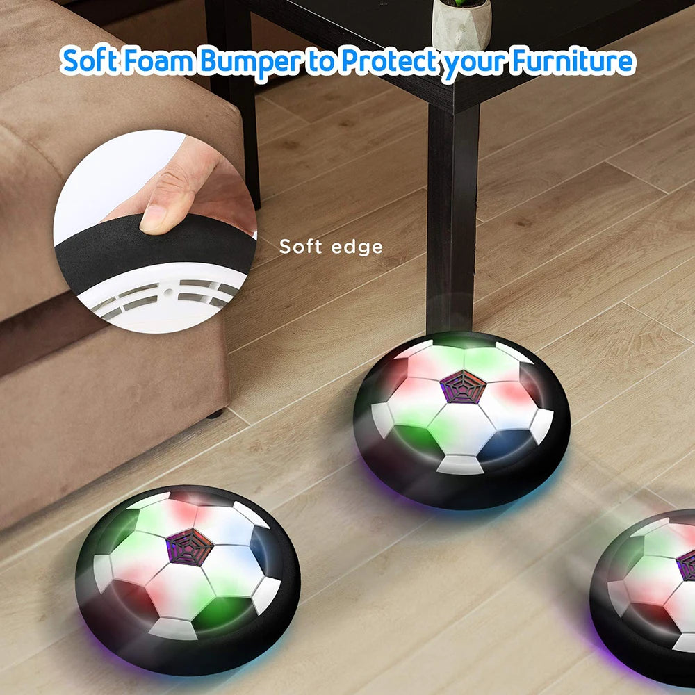 Colorful disco balls with soft foam bumper on a wooden floor to protect furniture. LED hover soccer ball toy, safe electric floating football for kids. Music, unisex, gift idea, indoor/outdoor, UK delivery ftf fashion.