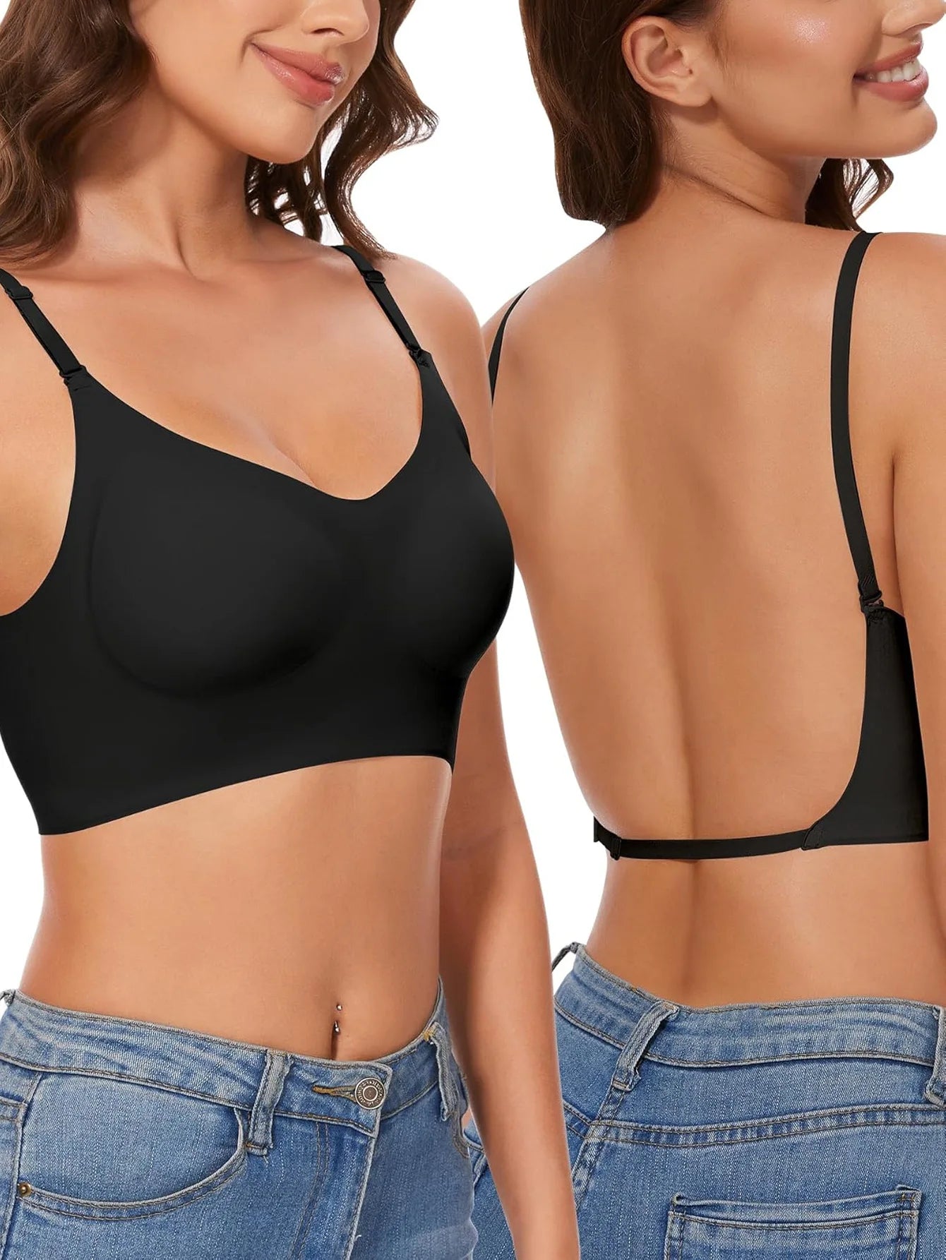 Black bra worn by a model from front and back views, with blue jeans.