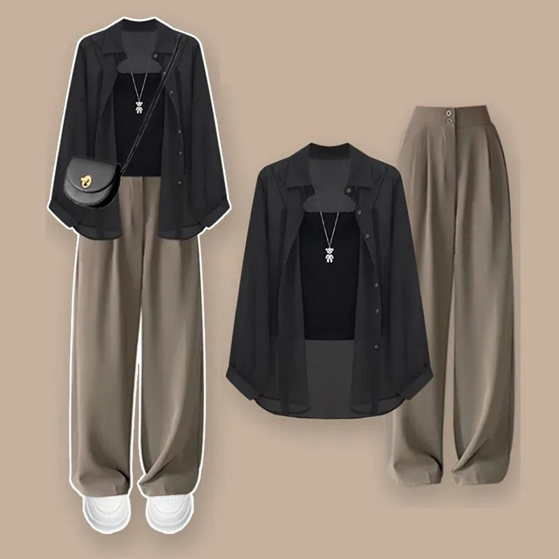 Black jacket, black top, beige pants, and white shoes on a beige background. Women’s 3-piece French style set: chiffon cardigan, sling shirt, high-waist wide leg pants. Chic, lightweight and sun-protective fashion for spring/summer.