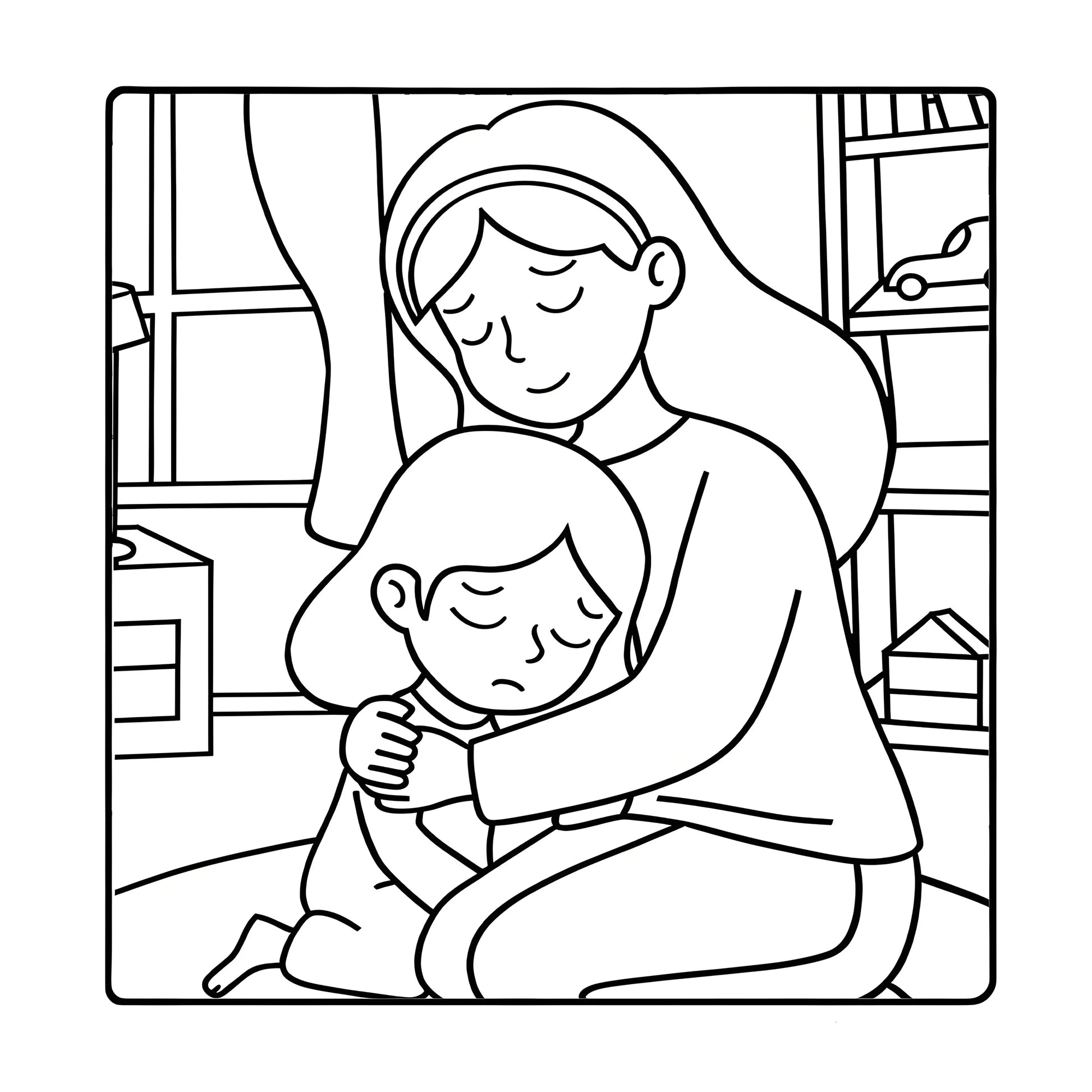 Line drawing of a mother comforting a child in a room with shelves. Adult coloring book titled MOM MOMENTS featuring cozy daily scenes for relaxation, cute mindful activities, FTF Fashion UK.