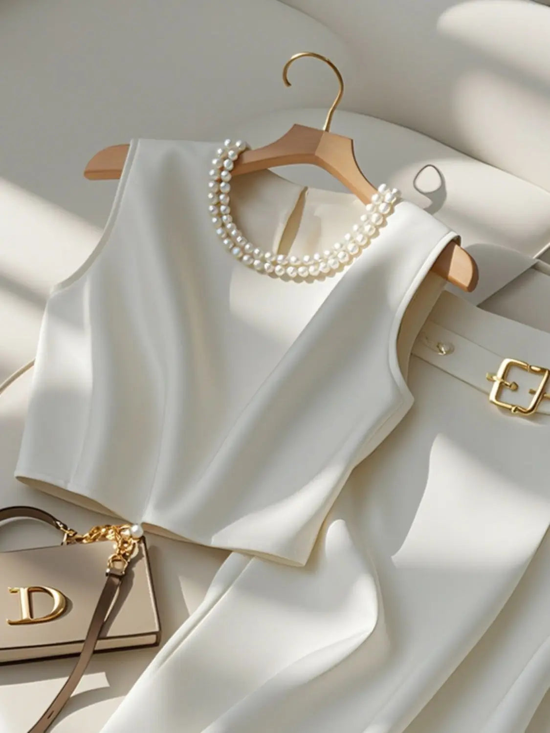 White sleeveless top with pearl necklace on a hanger, next to a beige handbag with gold accents. Women’s high-end two-piece set with sleeveless O-neck crop top and mid-calf A-line skirt. Elegant, minimalist office suit, beaded detail, UK fashion.
