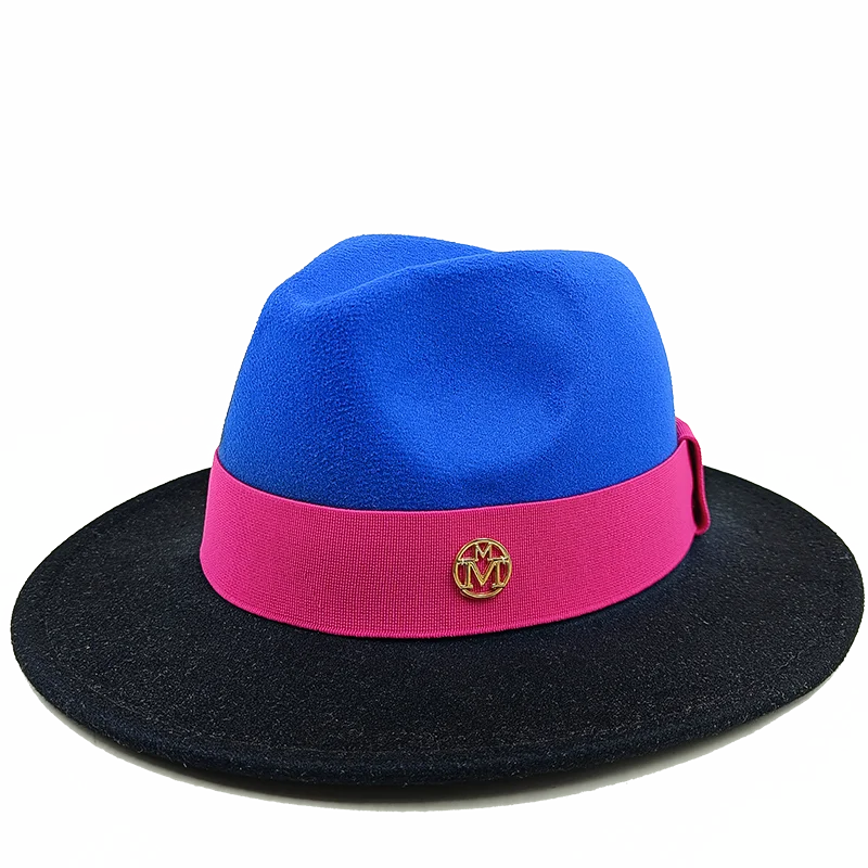 Blue and black hat with a pink band featuring a logo on a white background. Unisex double fedora hat, dual color gradient tie-dye, casual jazz style, cotton-polyester mix, suitable for outdoor autumn and spring.