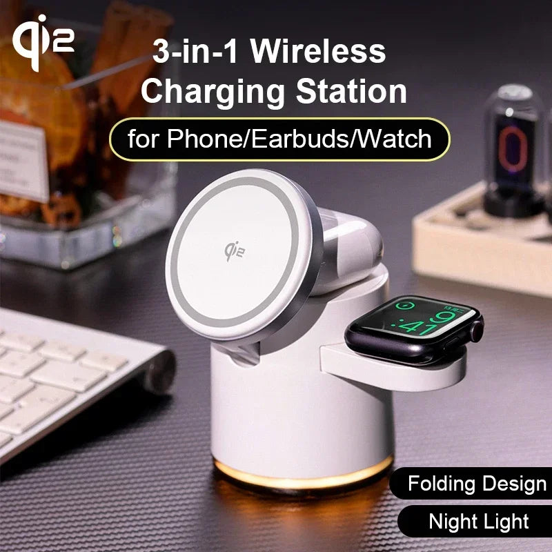 3-in-1 wireless charging station with phone, earbuds, and smartwatch on a desk. 4-in-1 Qi wireless charger dock with night light for iPhone 16, 15, 14 Pro Max, AirPods Pro, Apple Watch. Fast, foldable, magnetic charging stand.