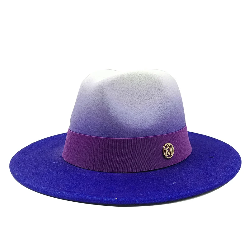 Purple and blue gradient hat with a purple band and logo on a white background. Unisex double fedora hat, dual color gradient tie-dye, casual jazz style, cotton-polyester mix, suitable for outdoor autumn and spring.