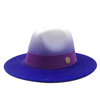 Purple and blue gradient hat with a purple band and logo on a white background. Unisex double fedora hat, dual color gradient tie-dye, casual jazz style, cotton-polyester mix, suitable for outdoor autumn and spring.