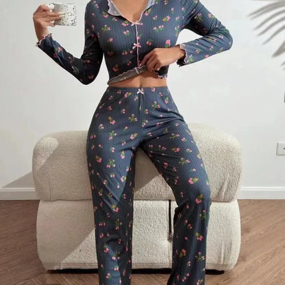 Women Floral Print Pajama Sets Long Sleeve Shirts+Pants Female Casual Home Clothes Spring Autumn Sleepwear Bow Nightwear Suits. Available at FTF Market. 
Women's Sleepwear, Floral Print Pajama Set, Long Sleeve Shirts, Pants Set, Casual Home Clothes, Spring Autumn Sleepwear, Bow Nightwear Suits, Comfortable Nightwear, Stylish Pajamas, Home Clothes, Women's Pajamas, FTF Market UK, ftf fashion