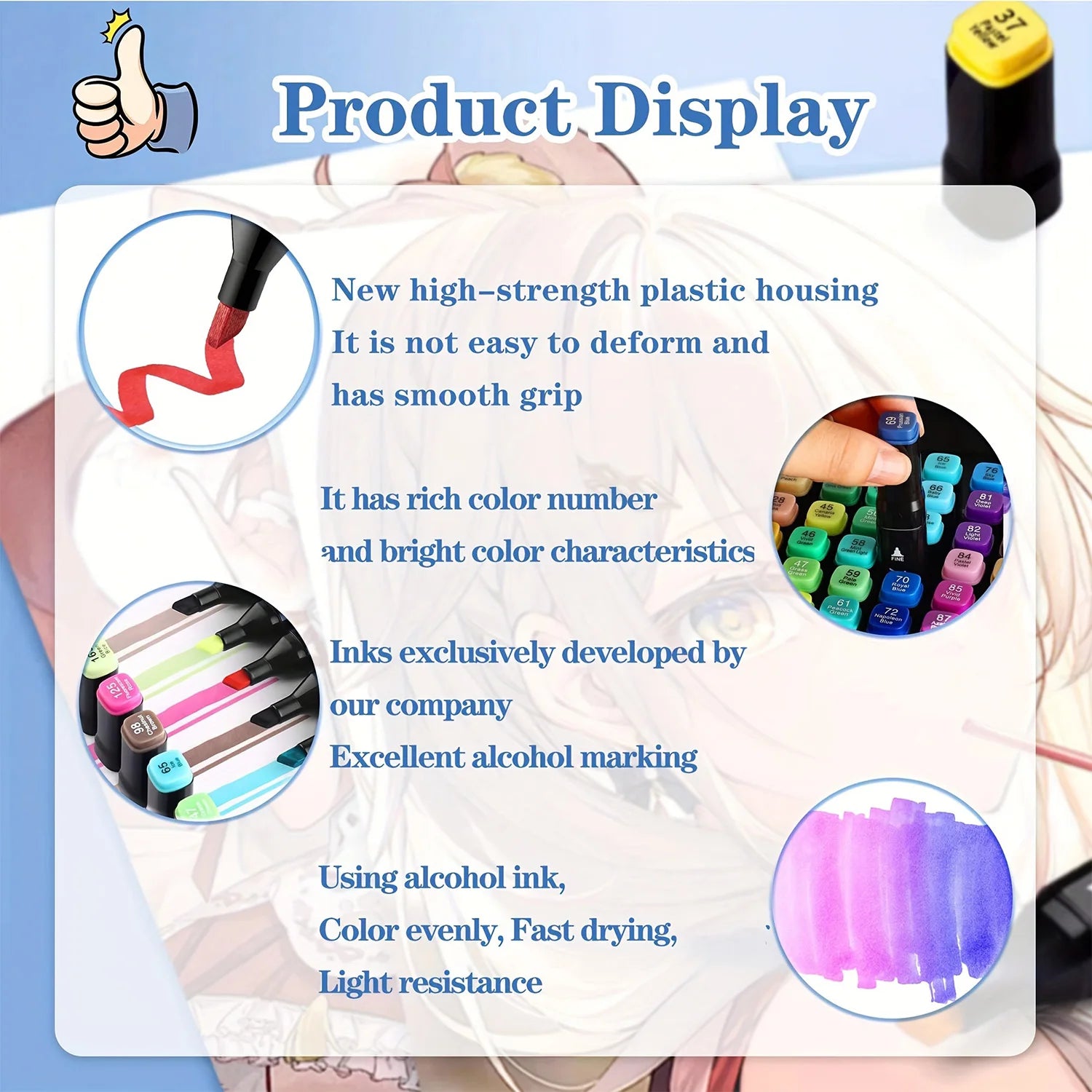 Product display with markers and text about their features on a white background. Pro Dual-Tip Alcohol Markers Set featuring fine and chisel tips, vibrant streak-free ink, ergonomic design for artists’ coloring and sketching projects UK.
