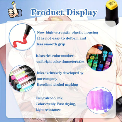 Product display with markers and text about their features on a white background. Pro Dual-Tip Alcohol Markers Set featuring fine and chisel tips, vibrant streak-free ink, ergonomic design for artists’ coloring and sketching projects UK.