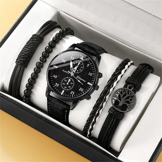 5PCS Set Fashion Men's Sports Watches – Quartz wristwatches and leather bracelets. Luxury set for business and casual wear. Available on FTFmarket.net, fast delivery in the UK. Stay stylish with FTF Fashion.