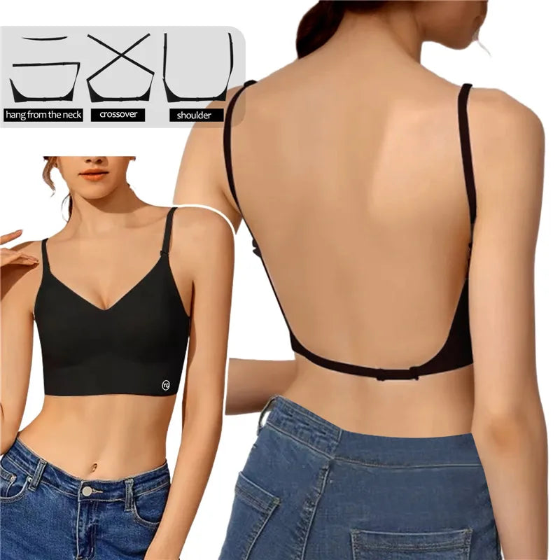 Black seamless backless bra showing three strap styles – halter neck, crossover and shoulder – wire free