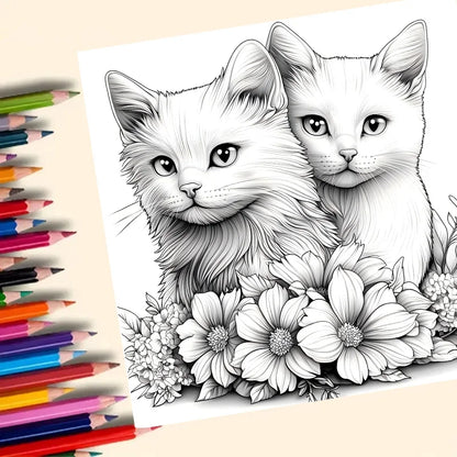 Coloring book page with two cats and flowers, accompanied by colored pencils on a beige background. Animal Paradise adult coloring book featuring therapeutic art, cute cats, floral designs for relaxation, FTF Market UK.