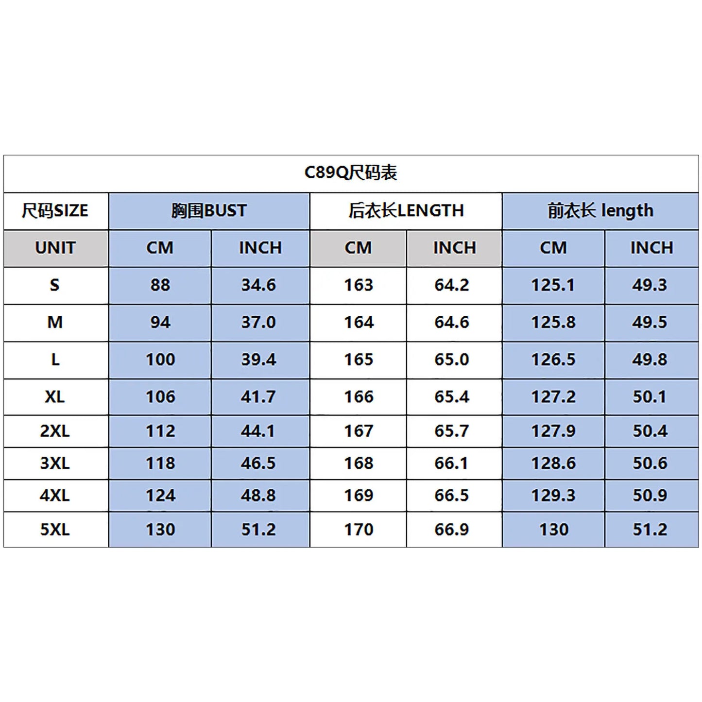 Measurement chart for C89Q clothing size with CM and INCH units.