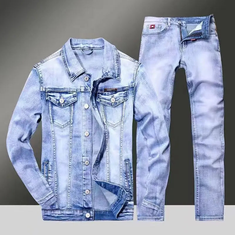 Blue denim jacket and jeans set on a gradient background