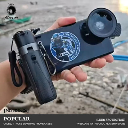 Hand holding a phone case with lens protection attachment, featuring a brand logo. Lightweight magnetic selfie stick tripod, extendable, remote controlled, compatible with MagSafe iPhones & Androids. Perfect for creators & travel.